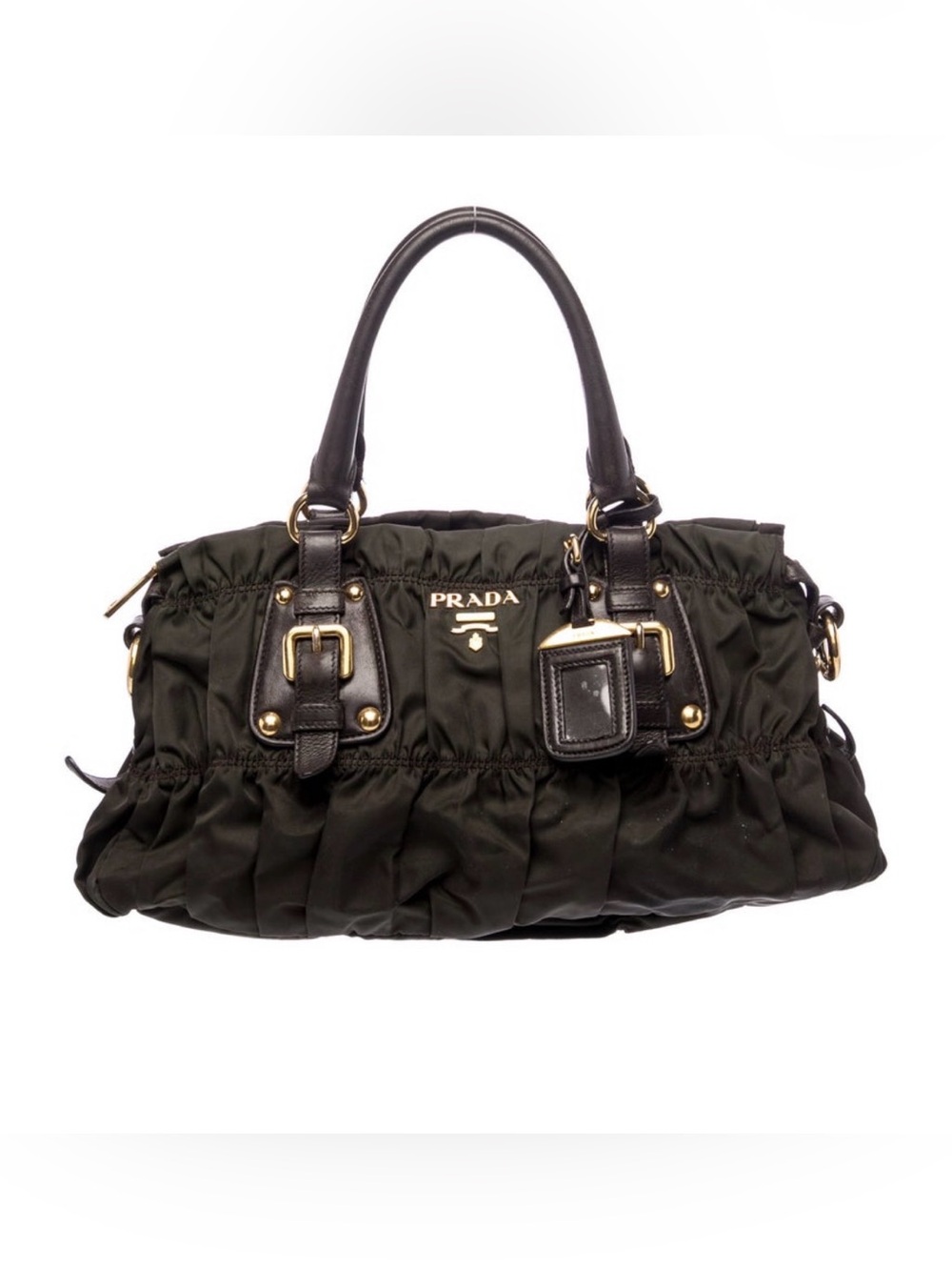 Prada Ruched Nylon Handbag with Black Leather Handles